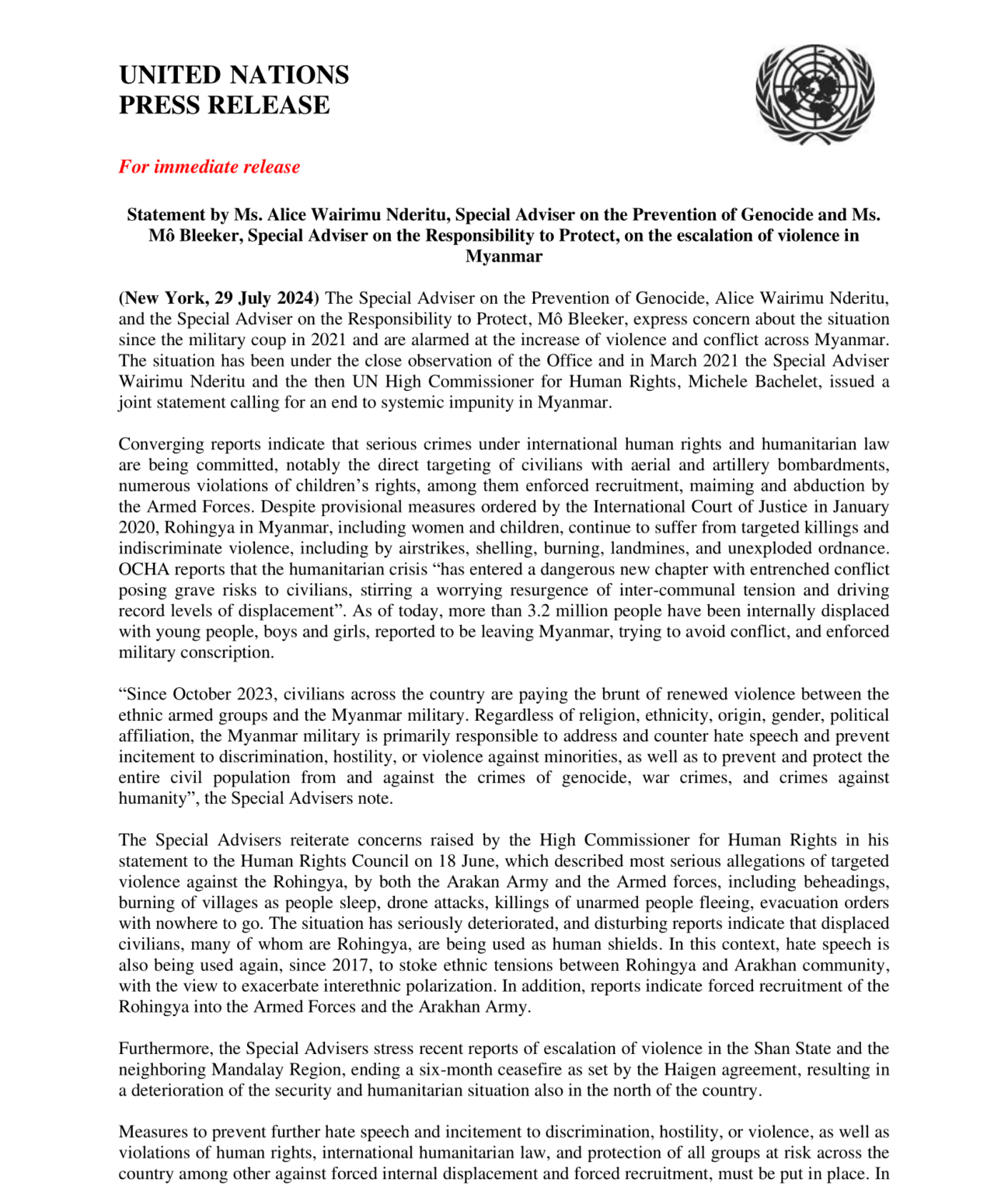 Dichiarazione della Consigliera speciale per la prevenzione del genocidio e della Consigliera speciale per la responsabilità di proteggere, sull'escalation della violenza in Myanmar