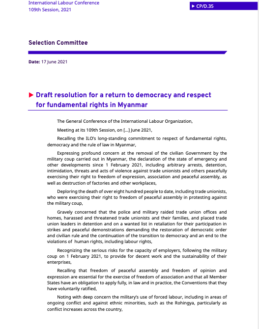 la 109° Conferenza annuale dell'ILO rifiuta le credenziali della giunta e approva una risoluzione per il ritorno della democrazia